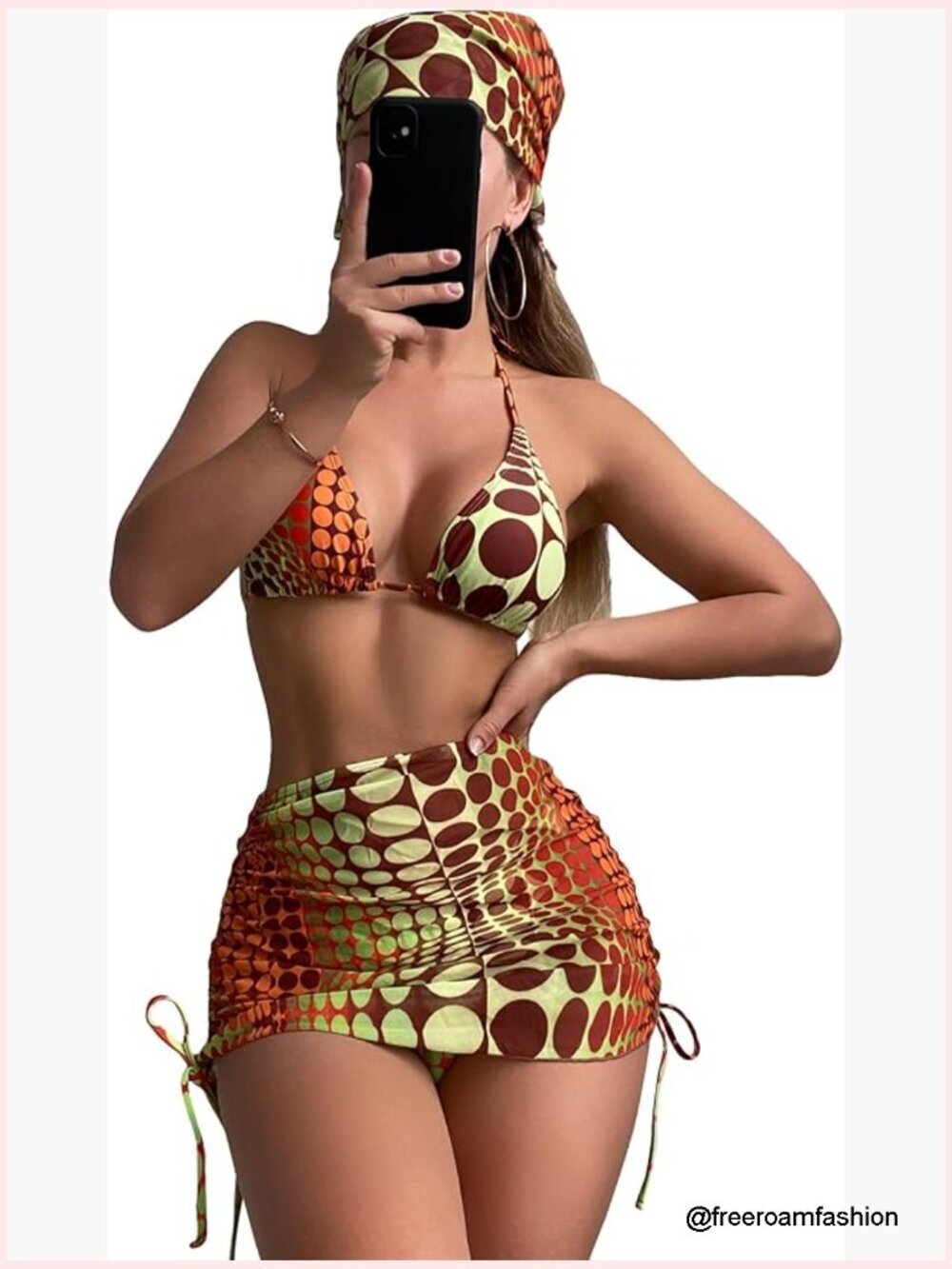 4 Piece Bikini Set with Mesh Cover Up Skirt & Bandana